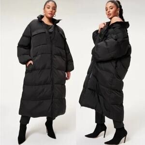 Good American Long Line Women's Black Pocket Full Zip Puffer Coat Jacket Size 3
